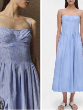 BEST SIMKHAI Kittiya Midi Dress Harbor Blue Stripe Vacation Summer Causal Cotton